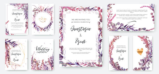 hochzeit einladung frame gesetzt; blumen, blätter, aquarell, isoliert auf weiss. - lavender coloured lavender flower frame stock-grafiken, -clipart, -cartoons und -symbole