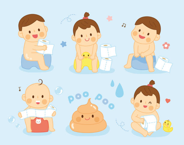 happy baby sitting on chamber pot character cute kids sitting on pot with toilet paper rolls potty toilet child bathroom stock illustrations