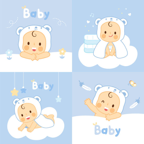 set baby with  bear towels  washcloths baby happy after shower kids cleaning up toys stock illustrations