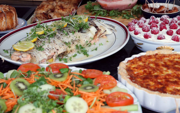 Traditional British Easter buffet food on table