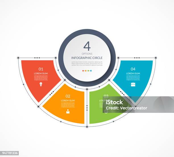 Infografikhalbkreis In Dünne Linie Flach Stil Businesspräsentationvorlage Mit 4 Optionen Teile Schritte Für Zyklusdiagramm Diagramm Runde Diagramm Verwendet Werden Stock Vektor Art und mehr Bilder von Vier Gegenstände