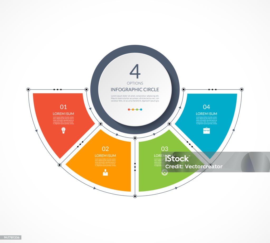 Semicírculo de infografía en estilo plana delgada línea. Plantilla de presentación de negocios con 4 opciones, piezas, medidas. Puede ser utilizado para ciclo de diagrama, gráfico, tabla redonda. - arte vectorial de Cuatro objetos libre de derechos