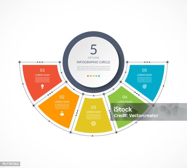 Infographic Semi Circle In Thin Line Flat Style Business Presentation Template With 5 Options Parts Steps Can Be Used For Cycle Diagram Graph Round Chart Stock Illustration - Download Image Now