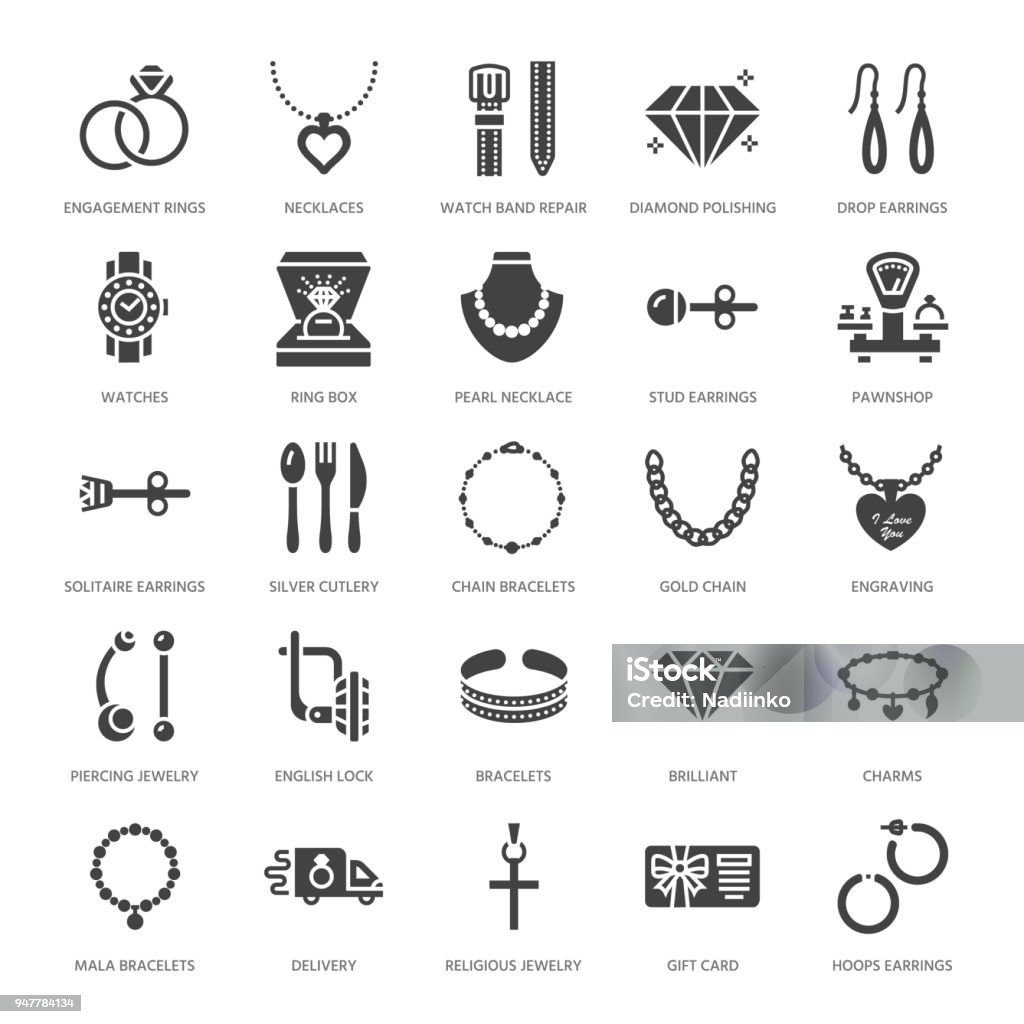 Jewelry flat glyph icons, jewellery store signs. Jewels accessories - gold engagement rings, gem earrings, silver chain, necklaces, brilliants. Solid silhouette for fashion store. Pixel perfect 64x64 Jewelry flat glyph icons, jewellery store signs. Jewels accessories - gold engagement rings, gem earrings, silver chain, necklaces, brilliants. Solid silhouette for fashion store. Pixel perfect 64x64. Jewelry stock vector