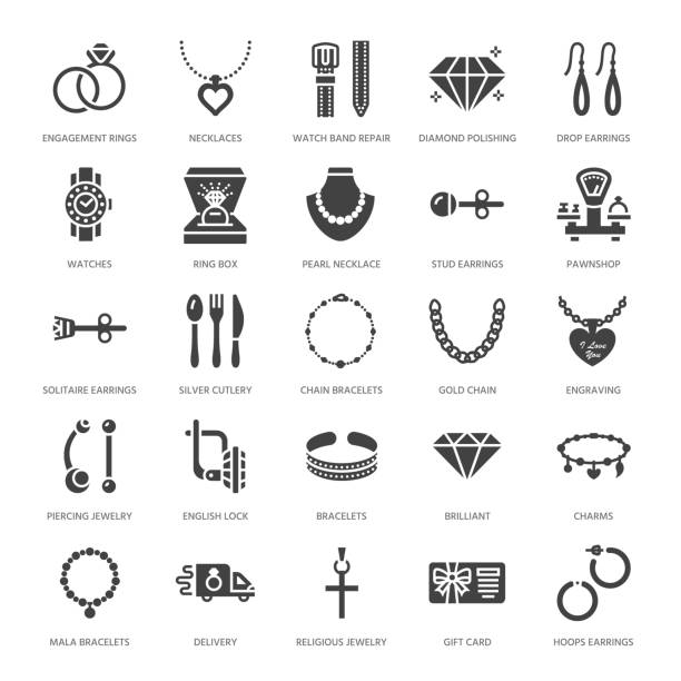 Jewelry flat glyph icons, jewellery store signs. Jewels accessories - gold engagement rings, gem earrings, silver chain, necklaces, brilliants. Solid silhouette for fashion store. Pixel perfect 64x64 Jewelry flat glyph icons, jewellery store signs. Jewels accessories - gold engagement rings, gem earrings, silver chain, necklaces, brilliants. Solid silhouette for fashion store. Pixel perfect 64x64. the golden ring russia stock illustrations