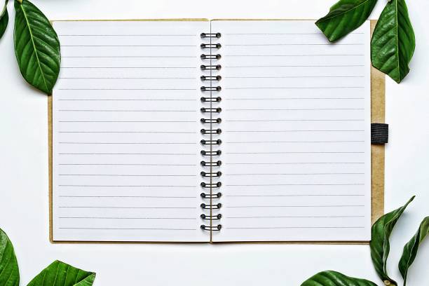 istock top view image of open notebook with blank pages on white desk, that was covered by a vintage style green leaves. ready for adding text 947784220
