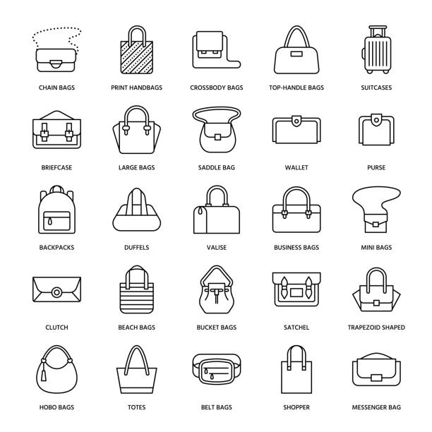 ilustrações, clipart, desenhos animados e ícones de ícones de linha plana de bolsas das mulheres. tipos de sacos - crossbody, mochilas, embreagem, totes, mendigo, pasta de couro, bagagem. sinais lineares finas de acessórios da moda para loja de moda - bag