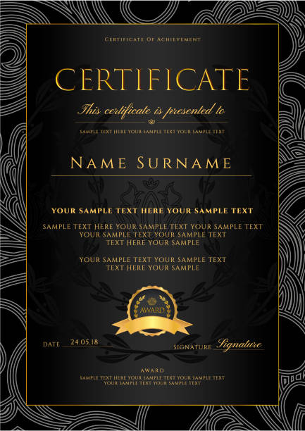 certyfikat, dyplom (złoty szablon projektu, tło z kwiatowym, filigranowy wzór, przewijanie obramowania, złota ramka - certificate frame award gold stock illustrations