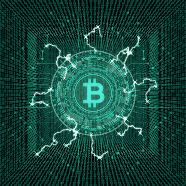 ilustrações, clipart, desenhos animados e ícones de cryptocurrency conceito [bitcoin no espaço virtual] - stock exchange flash
