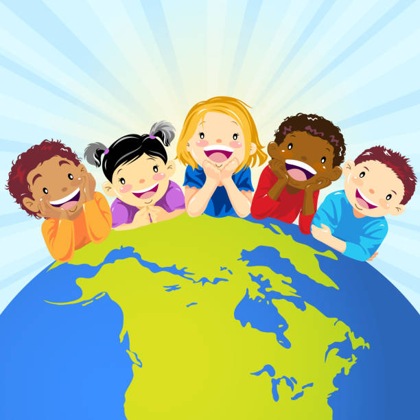 multi-ethnischen gruppe von kindern auf der erde liegend - multi ethnic group world map child people stock-grafiken, -clipart, -cartoons und -symbole