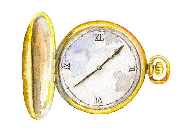 ilustrações, clipart, desenhos animados e ícones de relógio de bolso dourado aquarela - pocket watch watch clock pocket