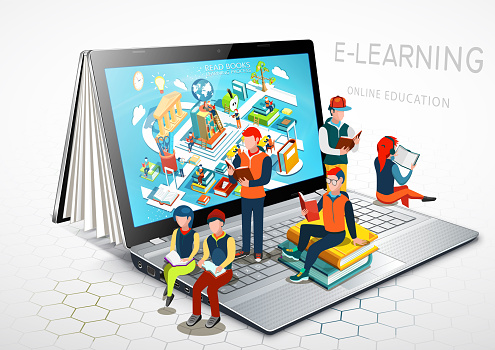 Laptop as a book. The concept of learning. Online education. E-learning. Vector Illustration