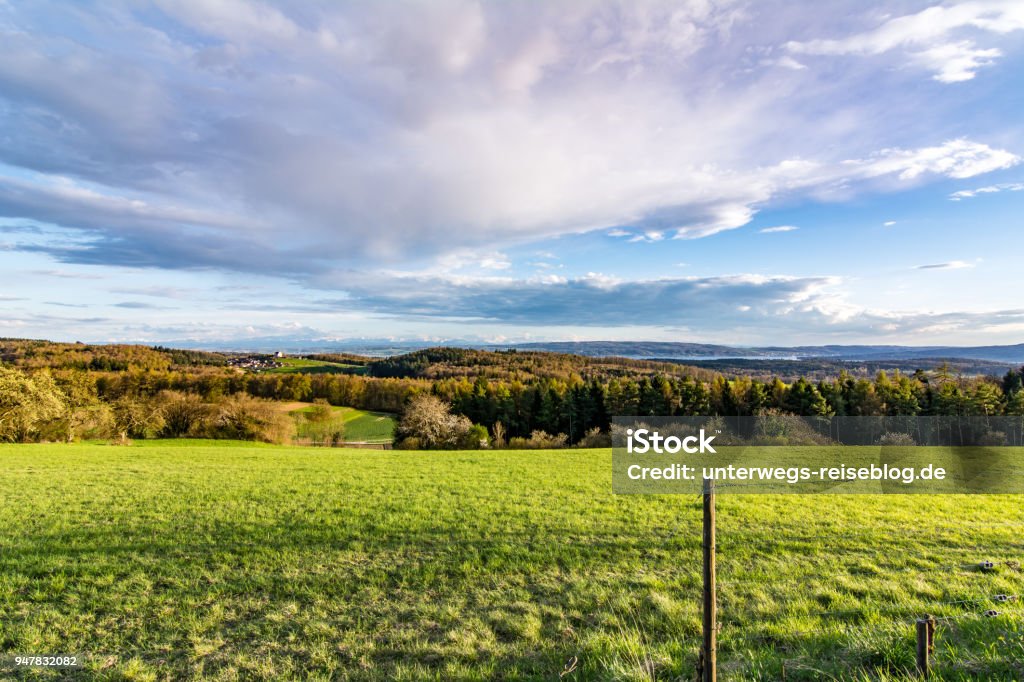 Landscape near Lake Constance Landscape near Lake Constance with mountains of the Swiss Alps and a cloudy evening sky Agricultural Field Stock Photo