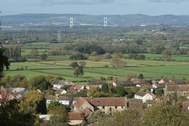 lower almondsbury with old severn bridge in background - monmouth wales imagens e fotografias de stock