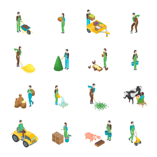 ilustraciones, imágenes clip art, dibujos animados e iconos de stock de los agricultores a trabajan 3d iconos conjunto vista isométrica. vector de - watering place