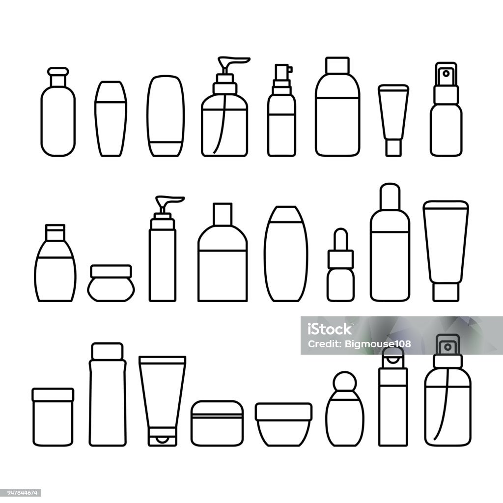 Conjunto de iconos de botellas de cosméticos señales línea fina negra. Vector de - arte vectorial de Ícono libre de derechos