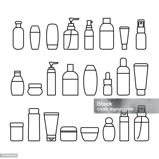 Ilustración de Conjunto De Iconos De Botellas De Cosméticos Señales Línea Fina Negra Vector De y más Vectores Libres de Derechos de Ícono