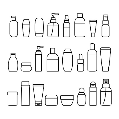 Cosmetic Bottles Signs Black Thin Line Icon Set Include of Cream, Lotion, Shampoo, Spray and Soap. Vector illustration of Icons