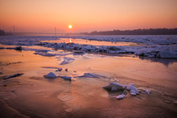 Winter landscape and sunset by the river.