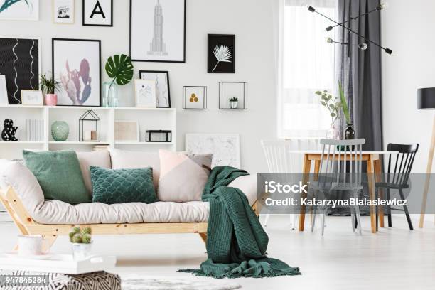 Sofa With Cushions And Blanket Stock Photo - Download Image Now - Sofa, Blanket, Living Room