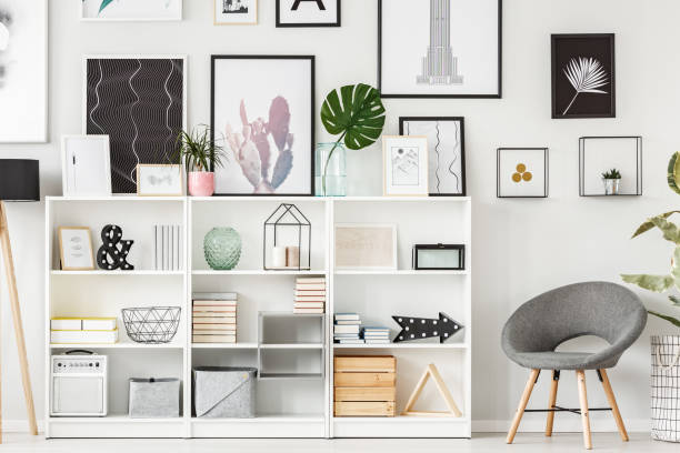 armchair and shelf - objeto decorativo ilustrações imagens e fotografias de stock