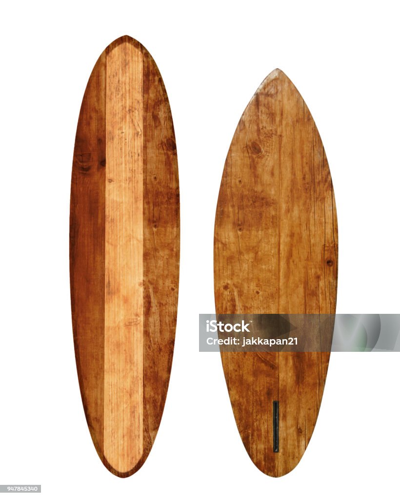Vintage surfboard Vintage wood surfboard isolated on white with clipping path for object, retro styles. Surfboard Stock Photo
