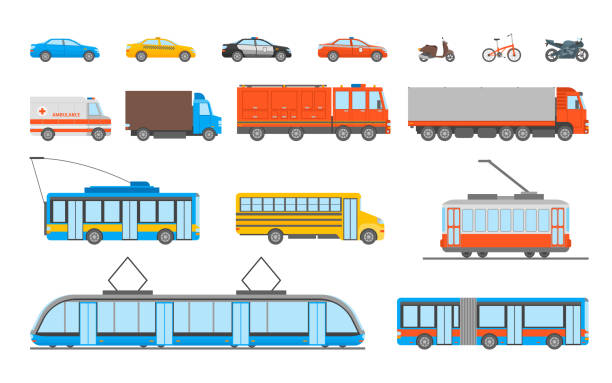 Cartoon Urban Transport Icons Set. Vector Cartoon Urban Transport Icons Set Ambulance, Police Car and Bus Elements Public Transportation Concept Flat Design Style. Vector illustration tram stock illustrations