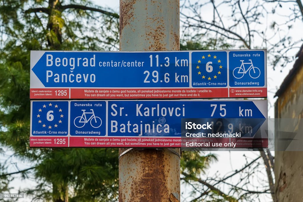 Street signs in Gardos, Zemun Belgrade, Serbia April 07, 2018: Street signs in Gardos, Zemun Arrow Symbol Stock Photo