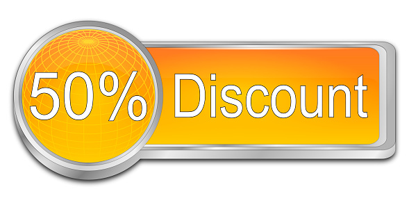 decorative orange 50% discount button - 3D illustration