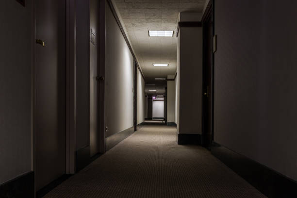 Looking down a hallway in an office building
