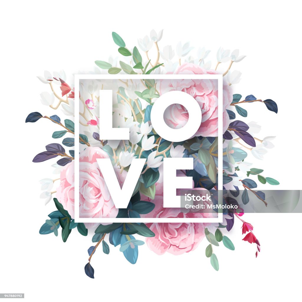 Vector frame quadrado botânico com rosas cor de rosa pálidas, folhas verdes e plantas. Design floral romântico no fundo branco - Vetor de Flor royalty-free