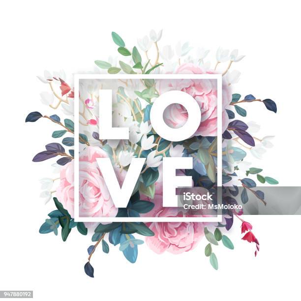 Vector Square Botanical Frame With Pale Pink Roses Green Leaves And Plants Romantic Floral Design On White Background Stock Illustration - Download Image Now