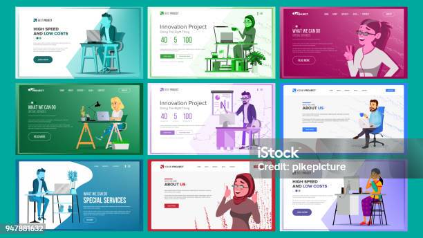 Website Design Template Set Vector Business Project Financial Management Landing Page Web Site Web Design And Development Architecture Monitoring And Optimization Cartoon Team Illustration Stock Illustration - Download Image Now