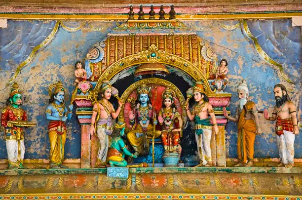 Lord Rama, Lord Lakshmana and Goddess Sita, Carved Idols on the Gopuram of the temple, On the way to Kumbakonam, Tamil Nadu, India