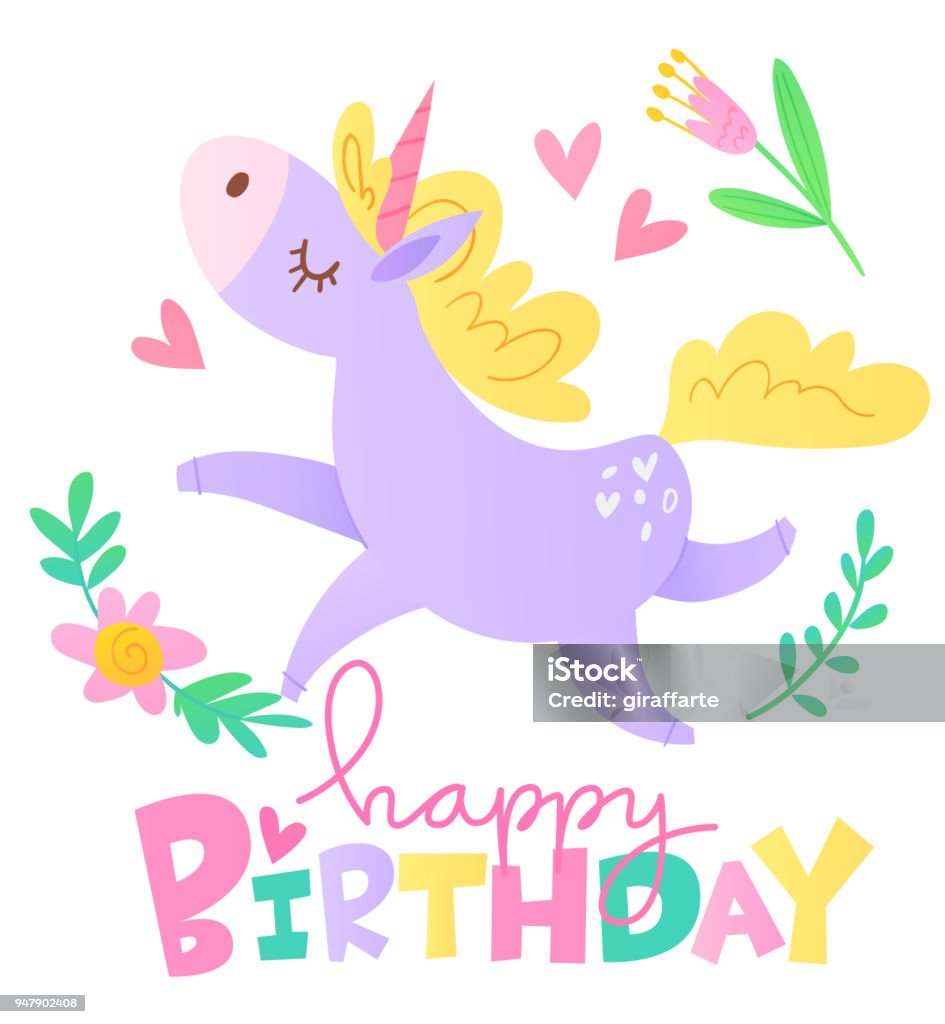 Vector Happy Birthday Cards With Cartoon Unicorn Character Stock  Illustration - Download Image Now - iStock