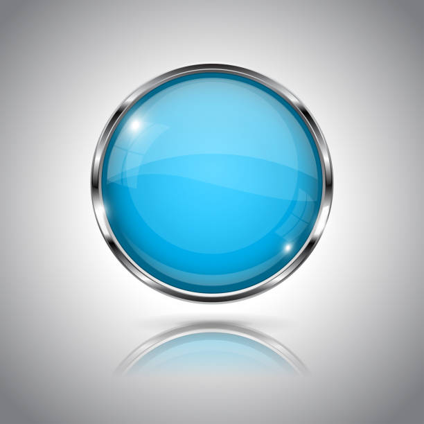 голубая круглая стеклянная кнопка. 3d значок с металлической рамой - blue button stock illustrations