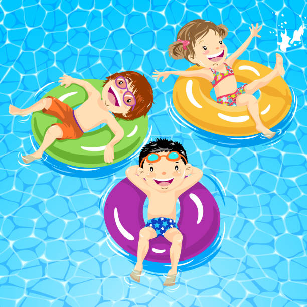 Children Relaxing On Inner Tube Three kids floating on water with their inner tube in summer. girls laying on beach stock illustrations