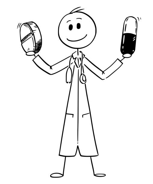 Cartoon of Medicine Doctor Holding Two Pills Cartoon stick man drawing conceptual illustration of doctor holding two pills. Concept of healthcare and drug overuse. hospital humor cartoon stock illustrations