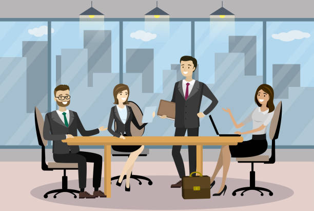 Business people in Cartoon Modern office Business people in Cartoon Modern office,businessman and business woman communicate,vector illustration four people office stock illustrations