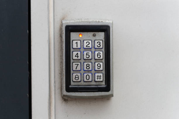 istock Electronic door access control system machine and fingerprint with number password door 947920266