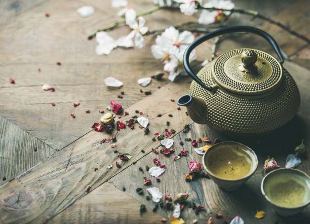istock Traditional Asian tea ceremony arrangement over rustic background, copy space 947925104