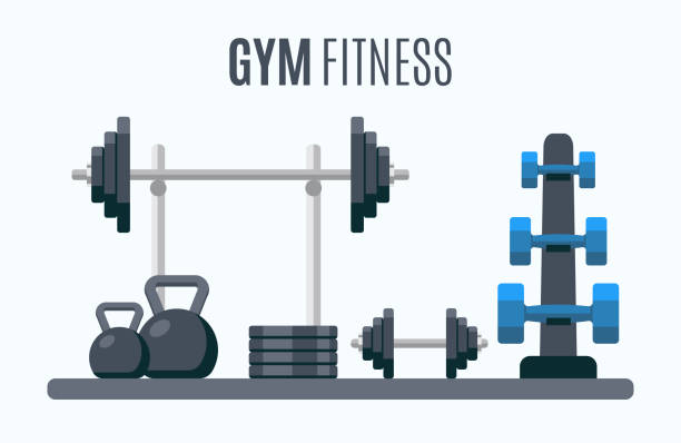 Bodybuilding equipment. Flat design icons on fitness gym exercise equipment Bodybuilding equipment. Flat design icons on fitness gym exercise equipment and healthy lifestyle exercise supplements. Vector Illustration exercise equipment stock illustrations