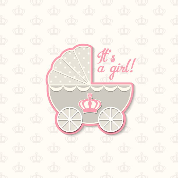 istock baby shower with royal crown and blue vintage stroller, illustration 947948450