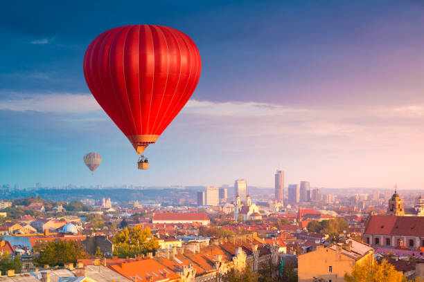 Hot air balloons flying over Vilnius, Lithuania