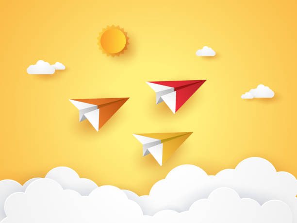 sommerzeit, bunte origami flugzeug fliegen in den himmel papier kunststil - air vehicle business airplane multi colored stock-grafiken, -clipart, -cartoons und -symbole