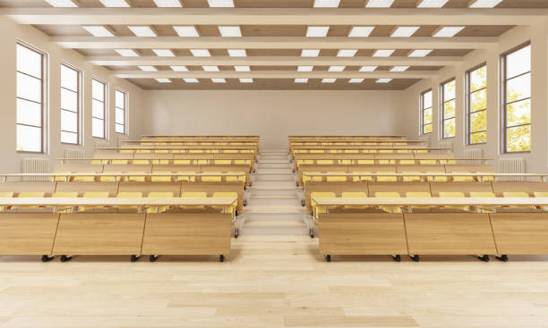 3d rendering of a university classroom front view - lecture hall auditorium university empty imagens e fotografias de stock