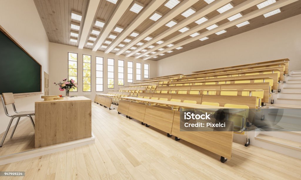 3D Rendering of an Empty Classroom 3D Rendering Image Lecture Hall Stock Photo
