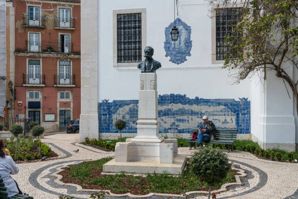 Lisbon, Portugal. Aprile 2018.  The bust of Julio de Castilho in Miradouro de Santa Luzia in Lisbon, Portugal