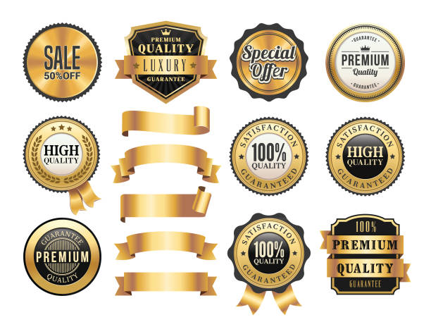 ilustrações de stock, clip art, desenhos animados e ícones de gold badges and ribbons set - elegance seal stamper success badge