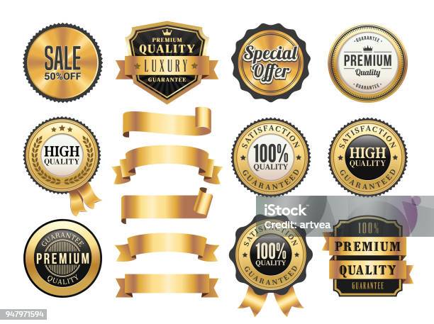 Gold Badges And Ribbons Set Stock Illustration - Download Image Now - Gold - Metal, Gold Colored, Badge